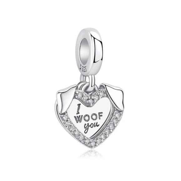 Hearts I Woof You Dog Dangle Bracelet Charm - S925 Sterling Silver Fits Pandora - Picture 1 of 6